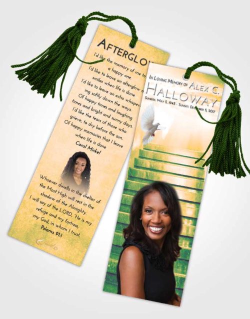 Funeral Bookmark Template Emerald Serenity Stairway Into the Sky