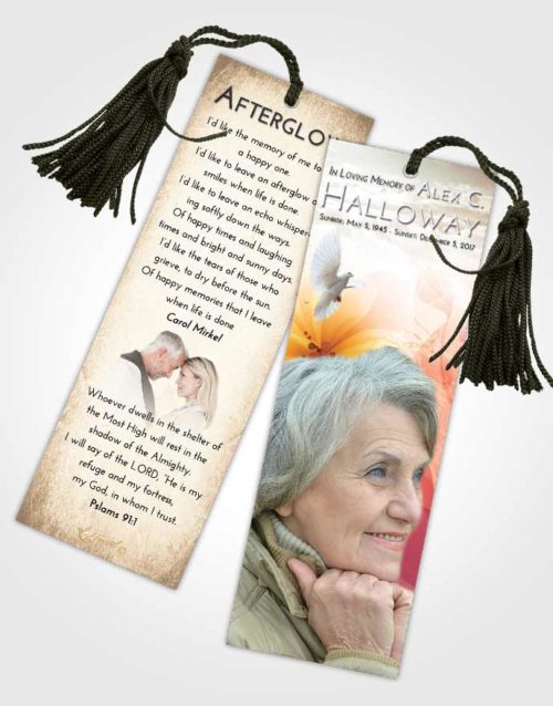 Funeral Bookmark Template Golden Peach Floral Butterfly