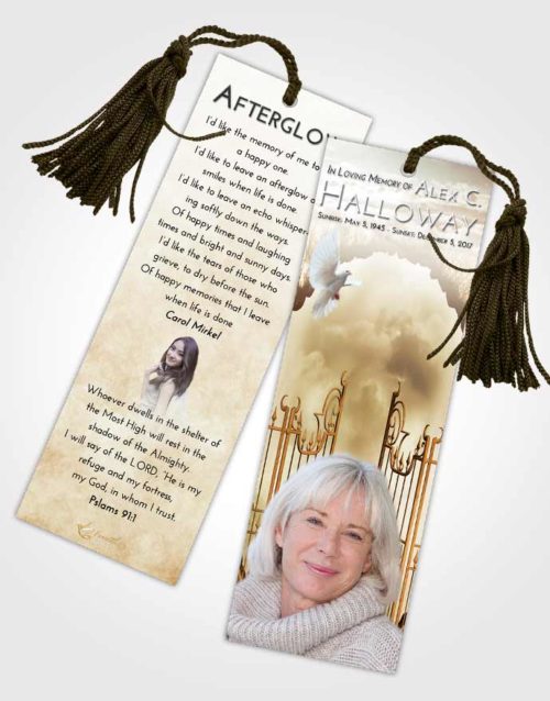 Funeral Bookmark Template Golden Peach Mystical Gates of Heaven