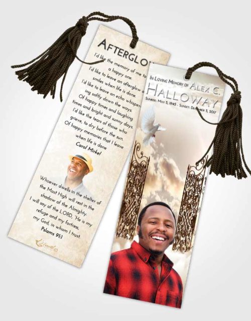 Funeral Bookmark Template Golden Peach Pearly Gates of Heaven