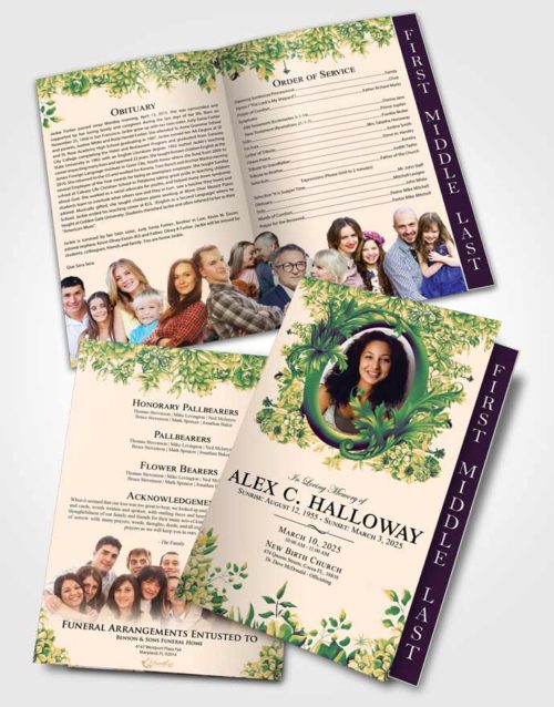 2 Page Graduated Step Fold Funeral Program Template Emerald Serenity Afternoon Succulents