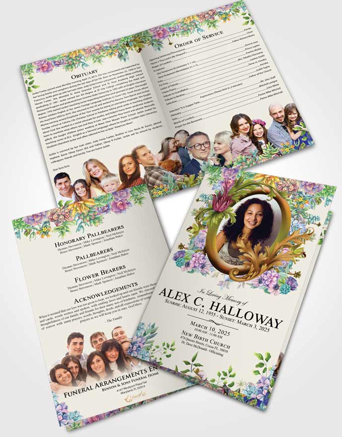 Bifold Order Of Service Obituary Template Brochure Calm Afternoon Succulents