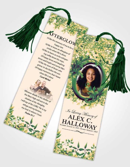 Funeral Bookmark Template Emerald Serenity Afternoon Succulents