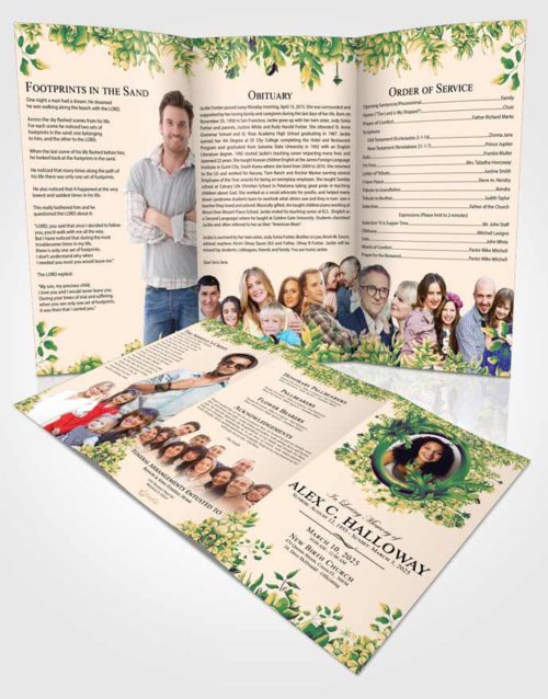 Obituary Template Trifold Brochure Emerald Serenity Afternoon Succulents