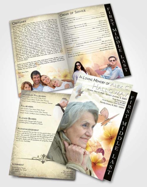 2 Page Graduated Step Fold Funeral Program Template Brochure At Dusk Floral Butterfly