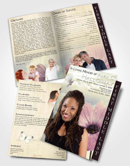 2 Page Graduated Step Fold Funeral Program Template Brochure At Dusk Floral Raindrops