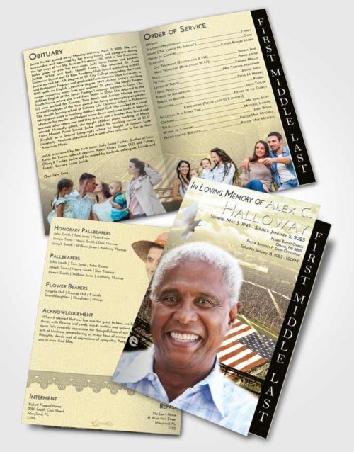 2 Page Graduated Step Fold Funeral Program Template Brochure At Dusk Football Stadium