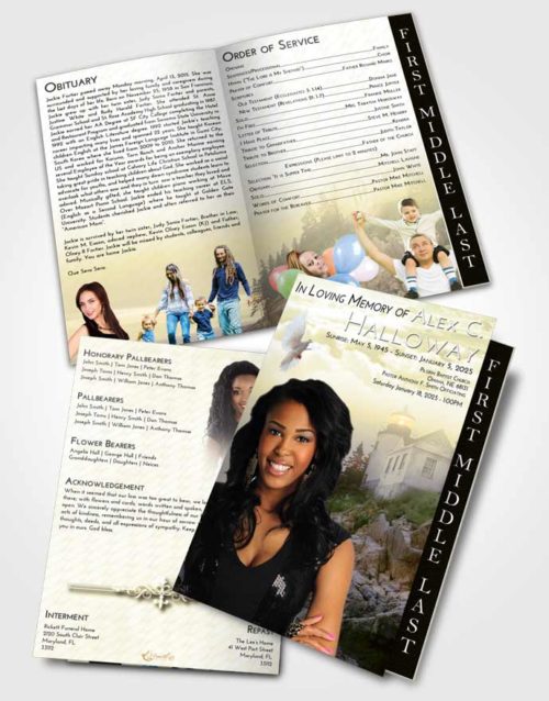 2 Page Graduated Step Fold Funeral Program Template Brochure At Dusk Lighthouse on the Rocks