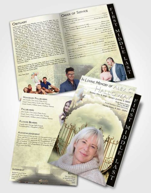 2 Page Graduated Step Fold Funeral Program Template Brochure At Dusk Mystical Gates of Heaven