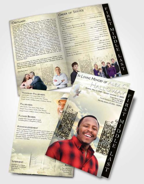 2 Page Graduated Step Fold Funeral Program Template Brochure At Dusk Pearly Gates of Heaven