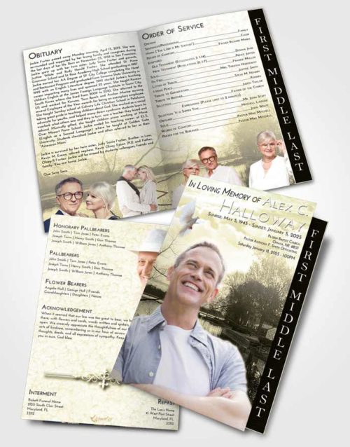 2 Page Graduated Step Fold Funeral Program Template Brochure At Dusk River Reflection