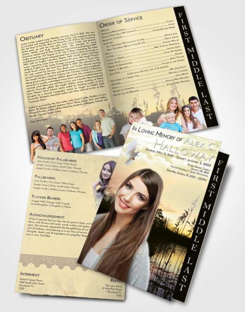 2 Page Graduated Step Fold Funeral Program Template Brochure At Dusk Serenity Lake