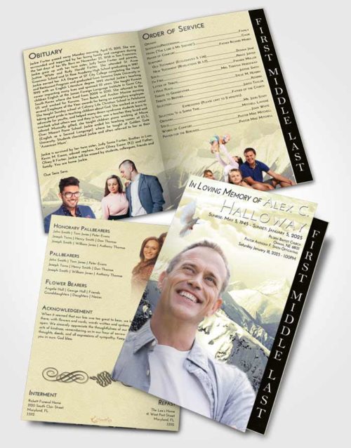 2 Page Graduated Step Fold Funeral Program Template Brochure At Dusk Snowy Mountains