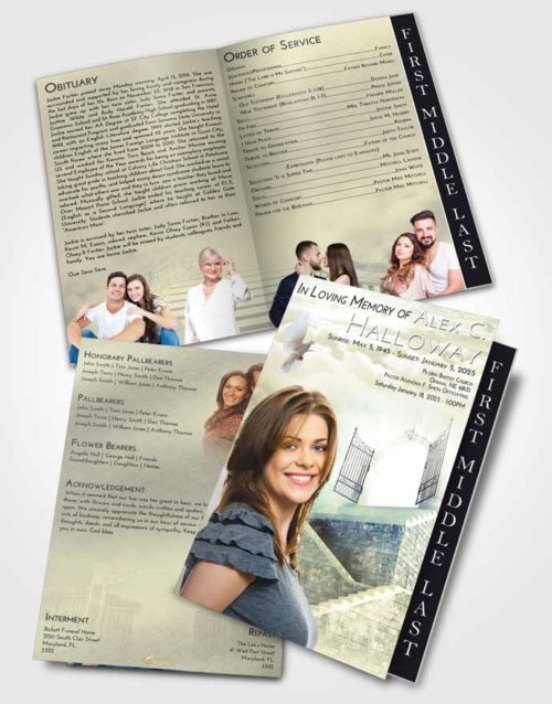 2 Page Graduated Step Fold Funeral Program Template Brochure At Dusk Stairway to the Gates of Heaven