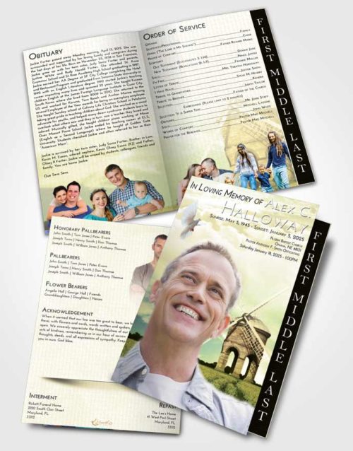 2 Page Graduated Step Fold Funeral Program Template Brochure At Dusk Windmill of Honor