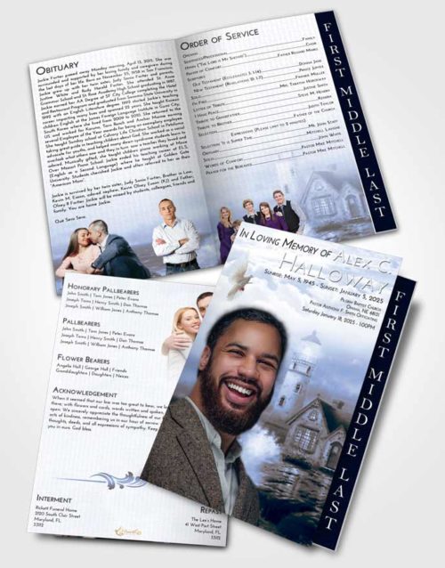 2 Page Graduated Step Fold Funeral Program Template Brochure Coral Reef Lighthouse Lookout