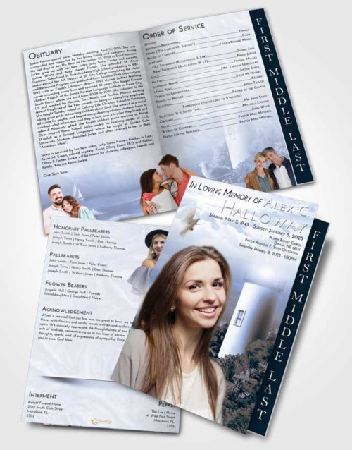 2 Page Graduated Step Fold Funeral Program Template Brochure Coral Reef Lighthouse Mystery