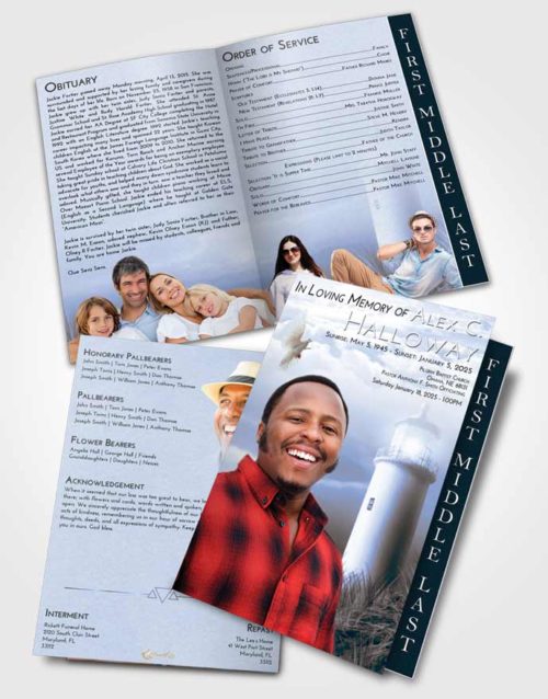 2 Page Graduated Step Fold Funeral Program Template Brochure Coral Reef Lighthouse Serenity