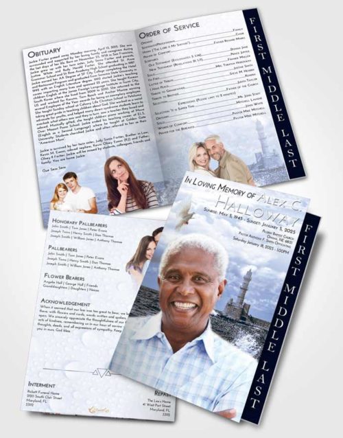 2 Page Graduated Step Fold Funeral Program Template Brochure Coral Reef Lighthouse in the Tides
