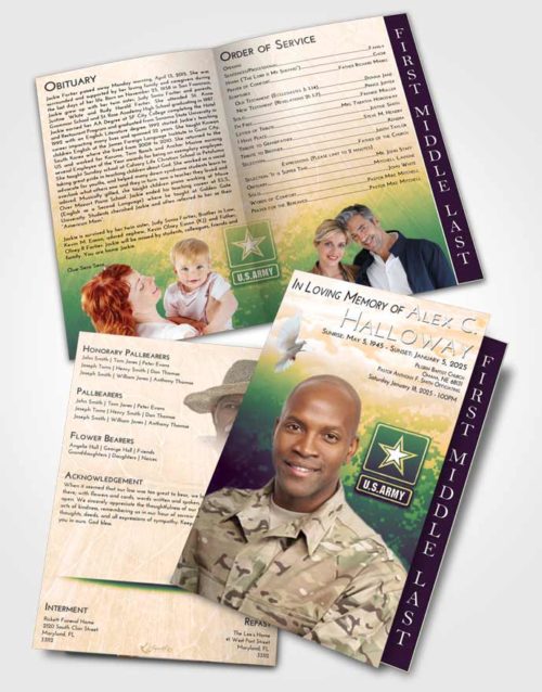 2 Page Graduated Step Fold Funeral Program Template Brochure Emerald Serenity Army Duty