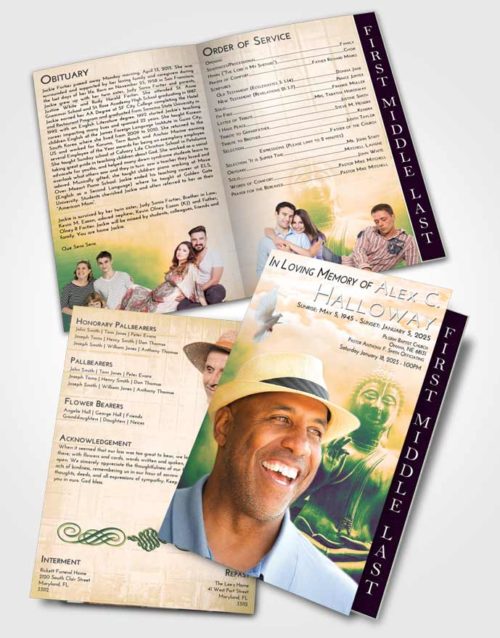 2 Page Graduated Step Fold Funeral Program Template Brochure Emerald Serenity Buddha Desire