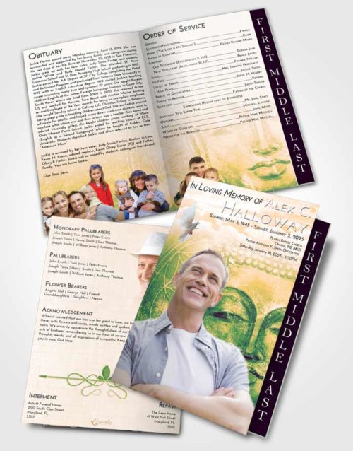 2 Page Graduated Step Fold Funeral Program Template Brochure Emerald Serenity Buddha Praise