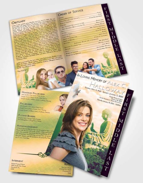 2 Page Graduated Step Fold Funeral Program Template Brochure Emerald Serenity Buddha Surprise