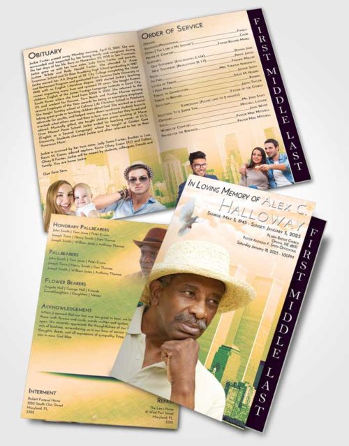 2 Page Graduated Step Fold Funeral Program Template Brochure Emerald Serenity Cityscape