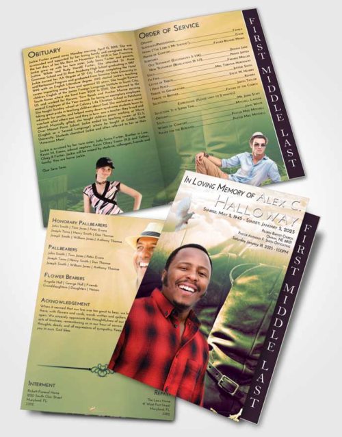 2 Page Graduated Step Fold Funeral Program Template Brochure Emerald Serenity Cowboy Love
