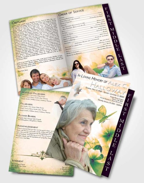 2 Page Graduated Step Fold Funeral Program Template Brochure Emerald Serenity Floral Butterfly