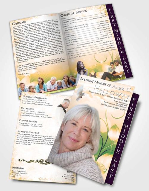 2 Page Graduated Step Fold Funeral Program Template Brochure Emerald Serenity Floral Peace