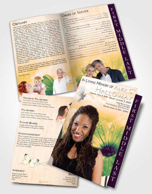 2 Page Graduated Step Fold Funeral Program Template Brochure Emerald Serenity Floral Raindrops