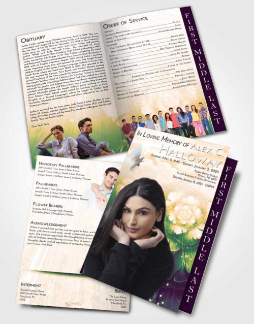 2 Page Graduated Step Fold Funeral Program Template Brochure Emerald Serenity Floral Secret