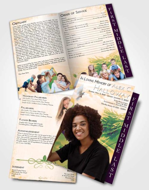 2 Page Graduated Step Fold Funeral Program Template Brochure Emerald Serenity Floral Style
