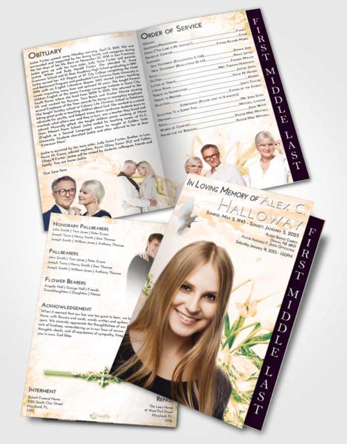 2 Page Graduated Step Fold Funeral Program Template Brochure Emerald Serenity Floral Wave