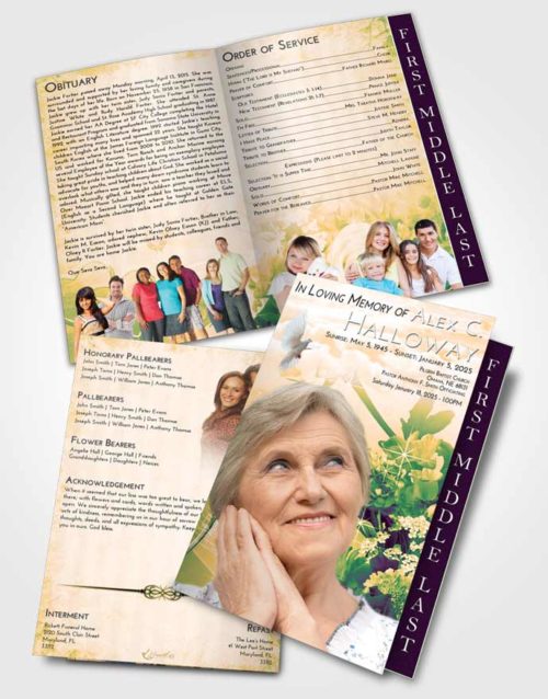2 Page Graduated Step Fold Funeral Program Template Brochure Emerald Serenity Floral Wonderland