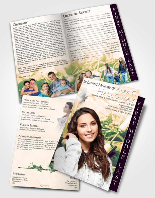 2 Page Graduated Step Fold Funeral Program Template Brochure Emerald Serenity Gardening Memories