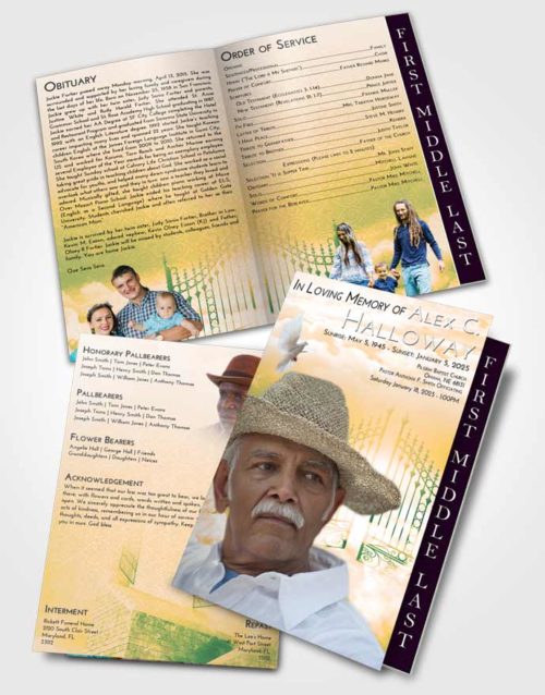 2 Page Graduated Step Fold Funeral Program Template Brochure Emerald Serenity Gates to Heaven