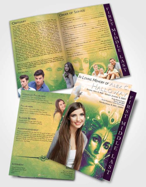 2 Page Graduated Step Fold Funeral Program Template Brochure Emerald Serenity Hindu Desire