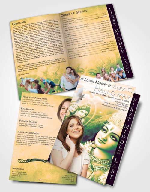 2 Page Graduated Step Fold Funeral Program Template Brochure Emerald Serenity Hindu Majesty