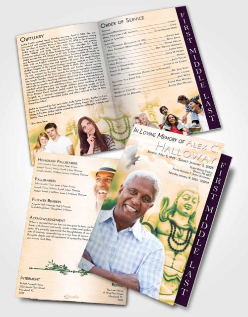 2 Page Graduated Step Fold Funeral Program Template Brochure Emerald Serenity Hindu Mystery