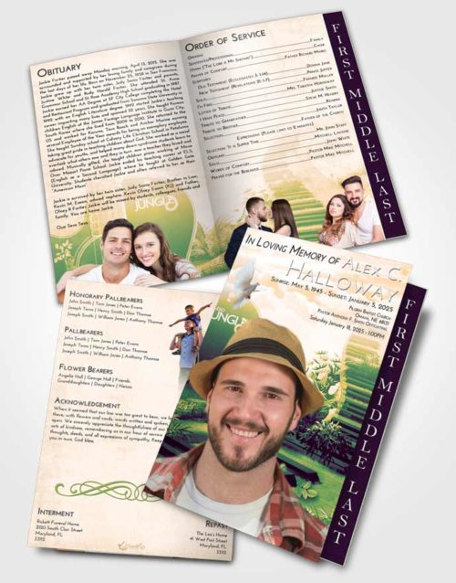 2 Page Graduated Step Fold Funeral Program Template Brochure Emerald Serenity Jungle Music