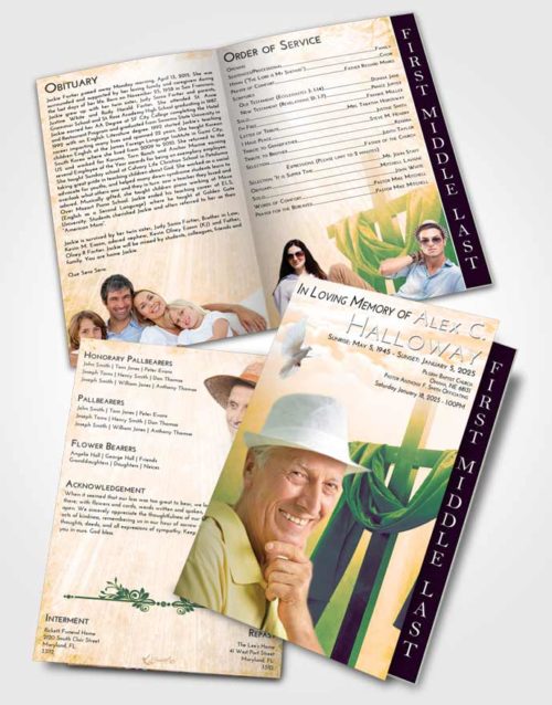 2 Page Graduated Step Fold Funeral Program Template Brochure Emerald Serenity Loving Cross