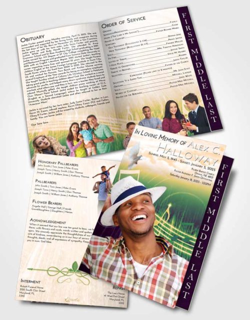 2 Page Graduated Step Fold Funeral Program Template Brochure Emerald Serenity Music Peace