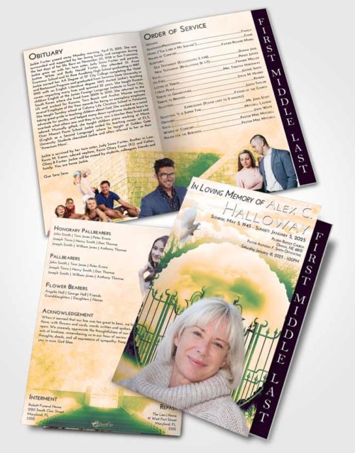 2 Page Graduated Step Fold Funeral Program Template Brochure Emerald Serenity Mystical Gates of Heaven