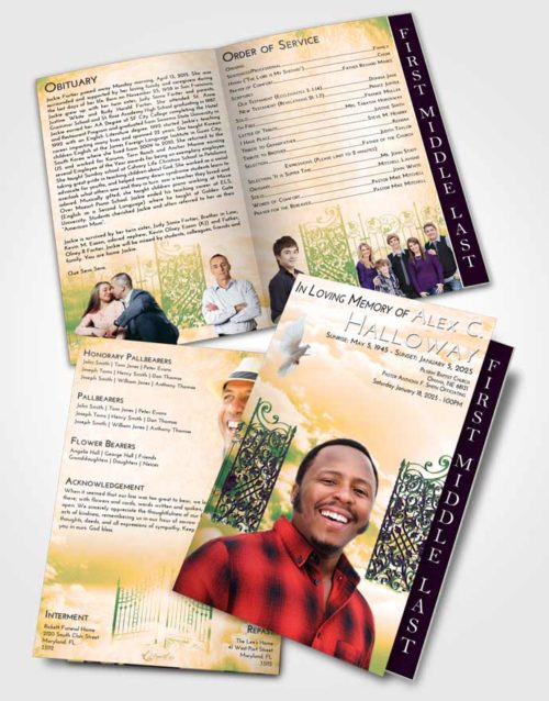 2 Page Graduated Step Fold Funeral Program Template Brochure Emerald Serenity Pearly Gates of Heaven