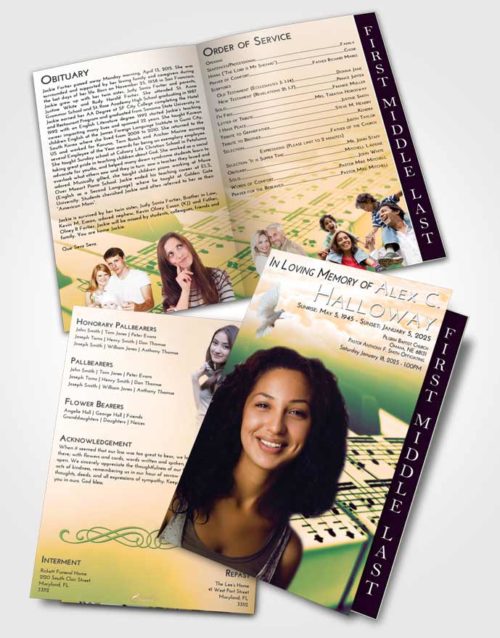 2 Page Graduated Step Fold Funeral Program Template Brochure Emerald Serenity Piano Desire