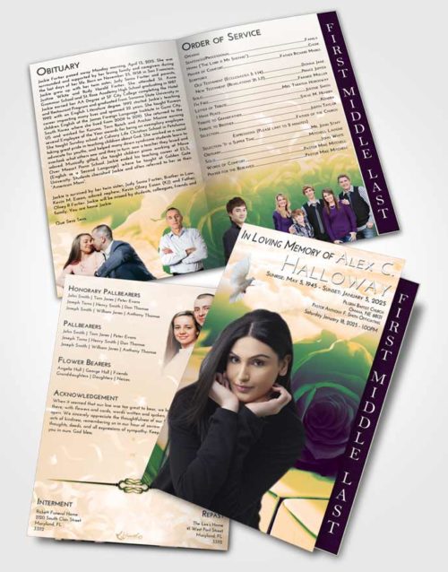 2 Page Graduated Step Fold Funeral Program Template Brochure Emerald Serenity Piano Rose