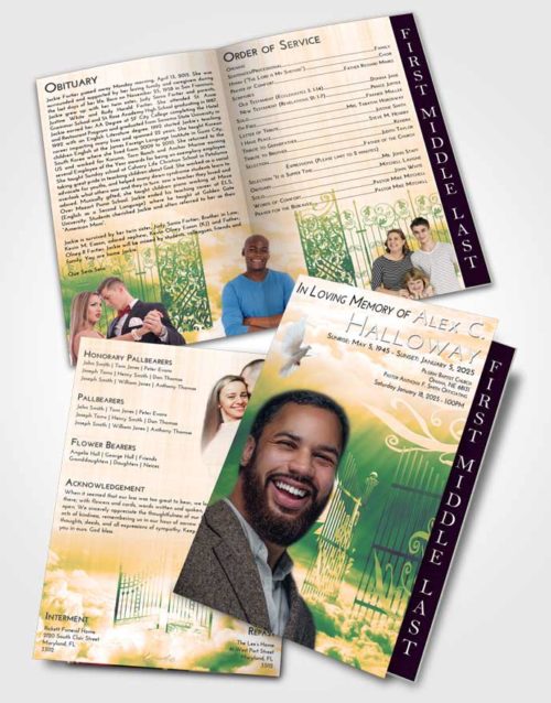 2 Page Graduated Step Fold Funeral Program Template Brochure Emerald Serenity Precious Gates to Heaven