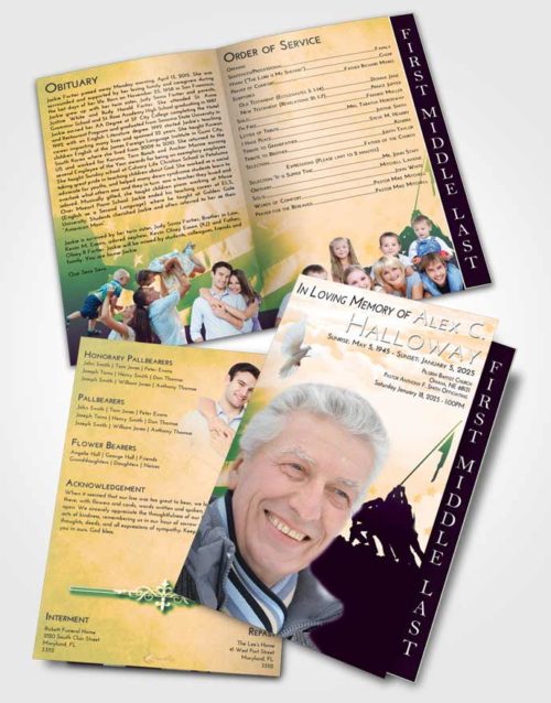 2 Page Graduated Step Fold Funeral Program Template Brochure Emerald Serenity Proud Veteran